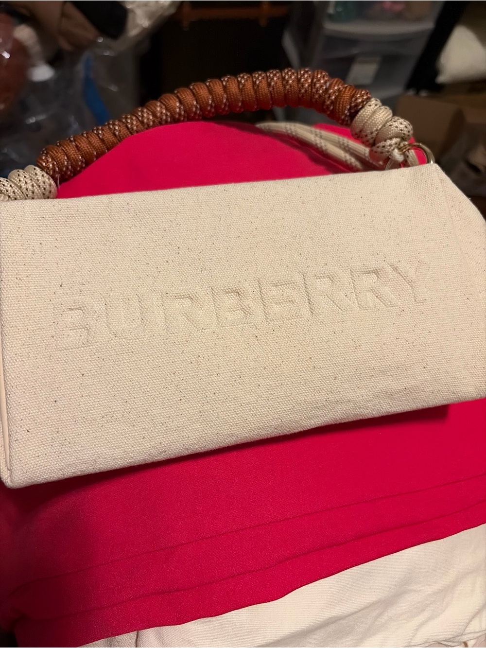 Burberry Cream Canvas Clutch with Wrapped Brown Handle